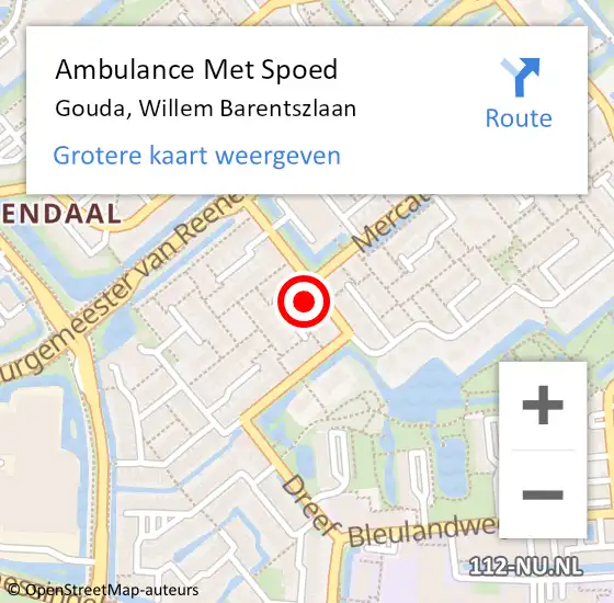 Locatie op kaart van de 112 melding: Ambulance Met Spoed Naar Gouda, Willem Barentszlaan op 8 mei 2024 09:41