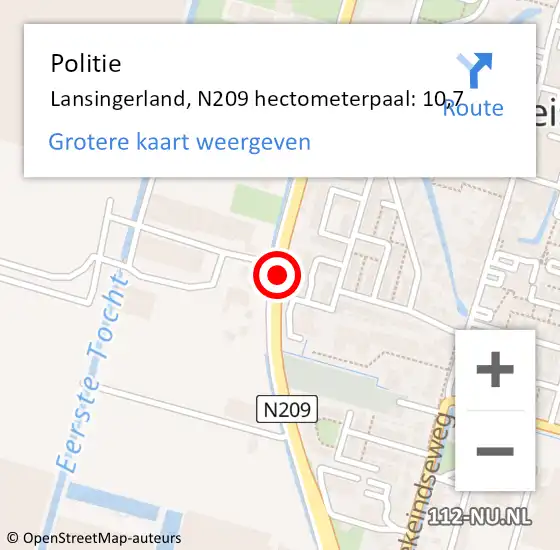 Locatie op kaart van de 112 melding: Politie Lansingerland, N209 hectometerpaal: 10,7 op 8 mei 2024 10:11