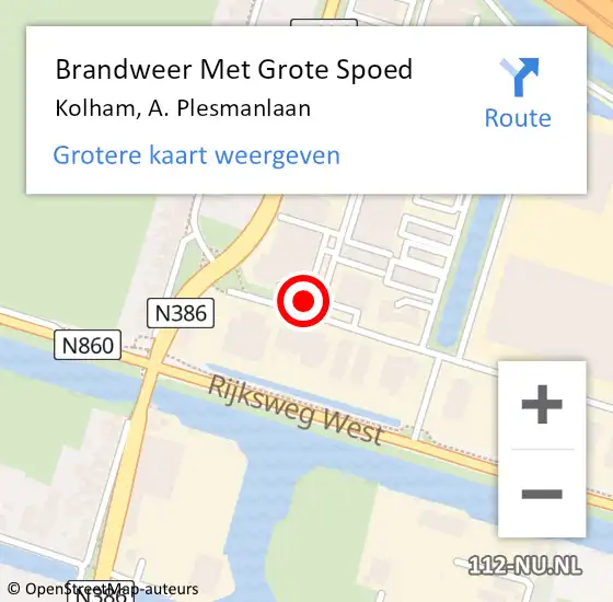 Locatie op kaart van de 112 melding: Brandweer Met Grote Spoed Naar Kolham, A. Plesmanlaan op 8 mei 2024 10:12