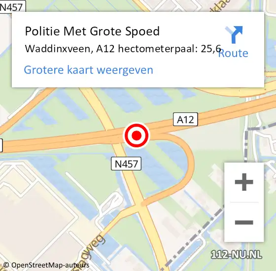 Locatie op kaart van de 112 melding: Politie Met Grote Spoed Naar Waddinxveen, A12 hectometerpaal: 25,6 op 8 mei 2024 12:03