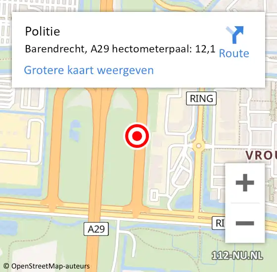 Locatie op kaart van de 112 melding: Politie Barendrecht, A29 hectometerpaal: 12,1 op 8 mei 2024 12:53
