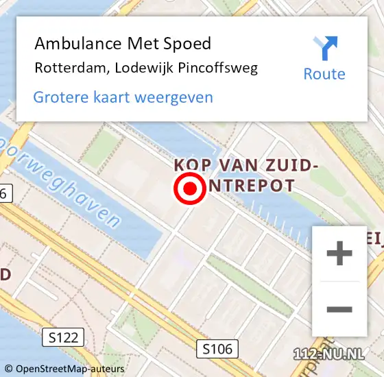 Locatie op kaart van de 112 melding: Ambulance Met Spoed Naar Rotterdam, Lodewijk Pincoffsweg op 8 mei 2024 15:25