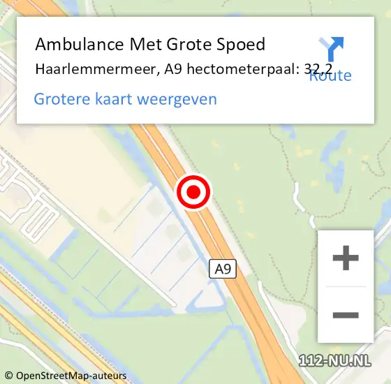 Locatie op kaart van de 112 melding: Ambulance Met Grote Spoed Naar Haarlemmermeer, A9 hectometerpaal: 32,2 op 8 mei 2024 15:36