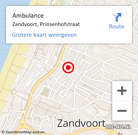 Locatie op kaart van de 112 melding: Ambulance Zandvoort, Prinsenhofstraat op 8 mei 2024 15:53