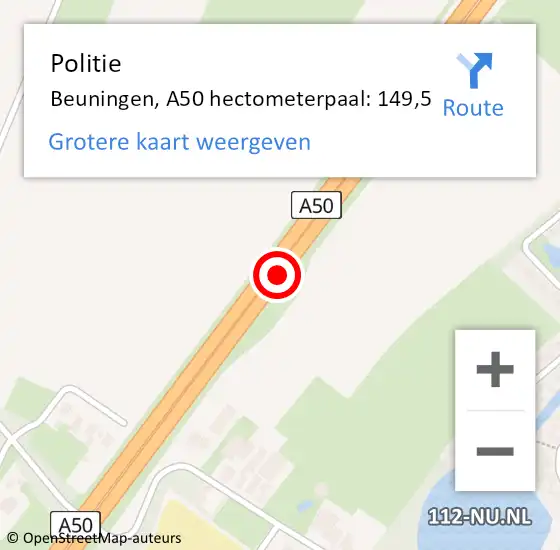 Locatie op kaart van de 112 melding: Politie Beuningen, A50 hectometerpaal: 149,5 op 8 mei 2024 16:05