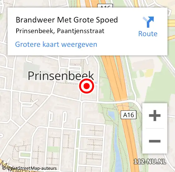Locatie op kaart van de 112 melding: Brandweer Met Grote Spoed Naar Prinsenbeek, Paantjensstraat op 8 mei 2024 16:59
