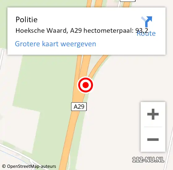 Locatie op kaart van de 112 melding: Politie Hoeksche Waard, A29 hectometerpaal: 93,2 op 8 mei 2024 17:07