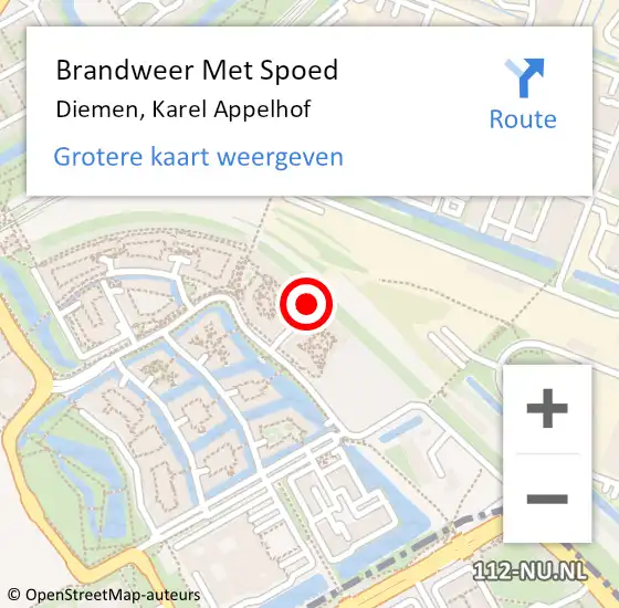 Locatie op kaart van de 112 melding: Brandweer Met Spoed Naar Diemen, Karel Appelhof op 8 mei 2024 17:50