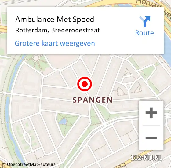 Locatie op kaart van de 112 melding: Ambulance Met Spoed Naar Rotterdam, Brederodestraat op 8 mei 2024 17:59
