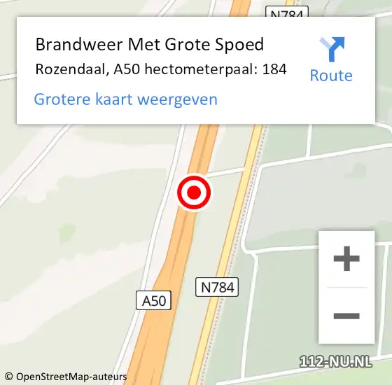 Locatie op kaart van de 112 melding: Brandweer Met Grote Spoed Naar Rozendaal, A50 hectometerpaal: 184 op 8 mei 2024 18:03