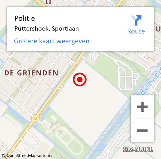Locatie op kaart van de 112 melding: Politie Puttershoek, Sportlaan op 8 mei 2024 18:07