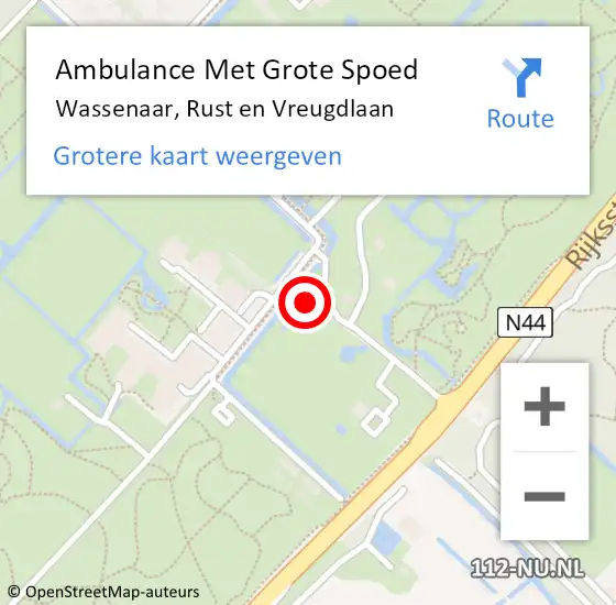 Locatie op kaart van de 112 melding: Ambulance Met Grote Spoed Naar Wassenaar, Rust en Vreugdlaan op 8 mei 2024 18:25