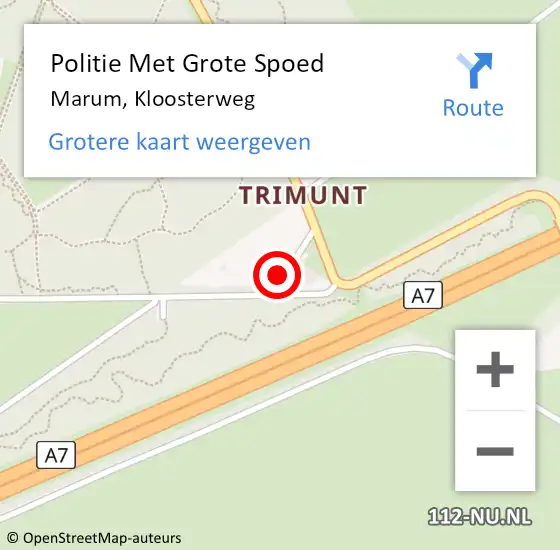 Locatie op kaart van de 112 melding: Politie Met Grote Spoed Naar Marum, Kloosterweg op 8 mei 2024 18:33