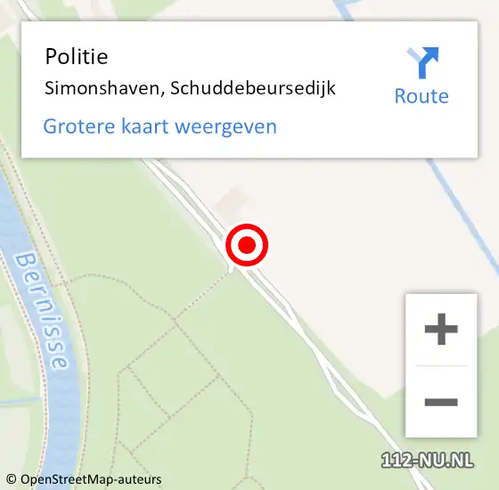 Locatie op kaart van de 112 melding: Politie Simonshaven, Schuddebeursedijk op 8 mei 2024 19:53