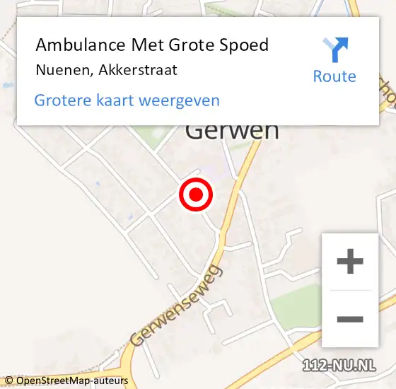 Locatie op kaart van de 112 melding: Ambulance Met Grote Spoed Naar Nuenen, Akkerstraat op 5 oktober 2014 07:04