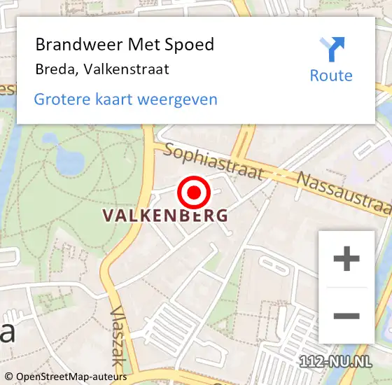 Locatie op kaart van de 112 melding: Brandweer Met Spoed Naar Breda, Valkenstraat op 9 mei 2024 01:50