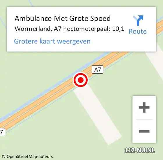 Locatie op kaart van de 112 melding: Ambulance Met Grote Spoed Naar Wormerland, A7 hectometerpaal: 10,1 op 9 mei 2024 03:49