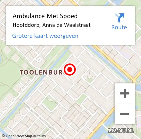 Locatie op kaart van de 112 melding: Ambulance Met Spoed Naar Hoofddorp, Anna de Waalstraat op 9 mei 2024 04:36