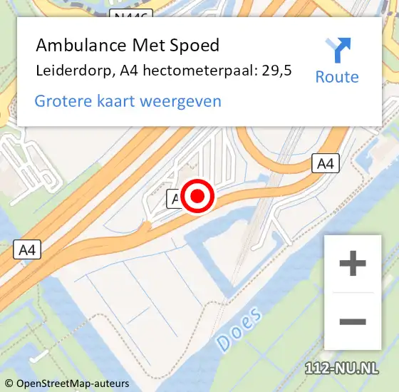 Locatie op kaart van de 112 melding: Ambulance Met Spoed Naar Leiderdorp, A4 hectometerpaal: 29,5 op 9 mei 2024 09:01