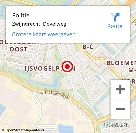 Locatie op kaart van de 112 melding: Politie Zwijndrecht, Develweg op 9 mei 2024 09:41