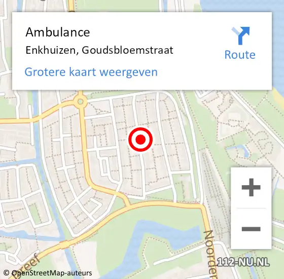Locatie op kaart van de 112 melding: Ambulance Enkhuizen, Goudsbloemstraat op 9 mei 2024 10:14