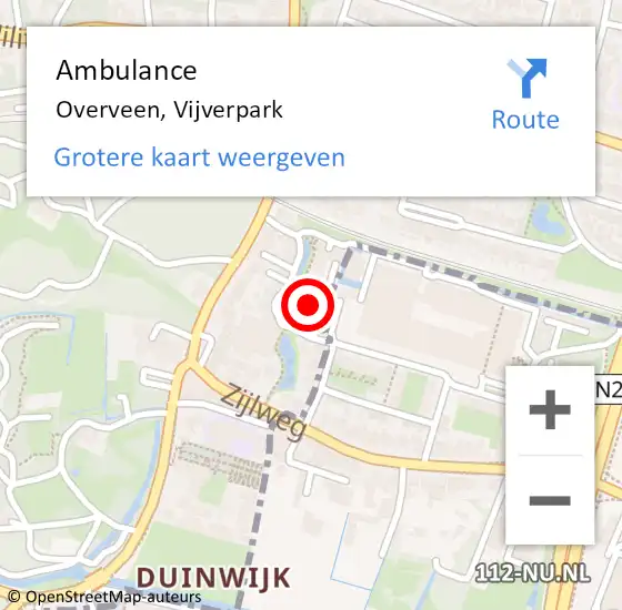 Locatie op kaart van de 112 melding: Ambulance Overveen, Vijverpark op 9 mei 2024 11:32