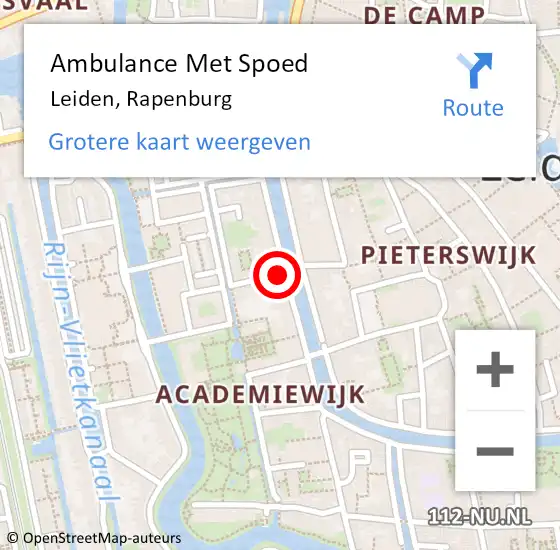 Locatie op kaart van de 112 melding: Ambulance Met Spoed Naar Leiden, Rapenburg op 9 mei 2024 16:22