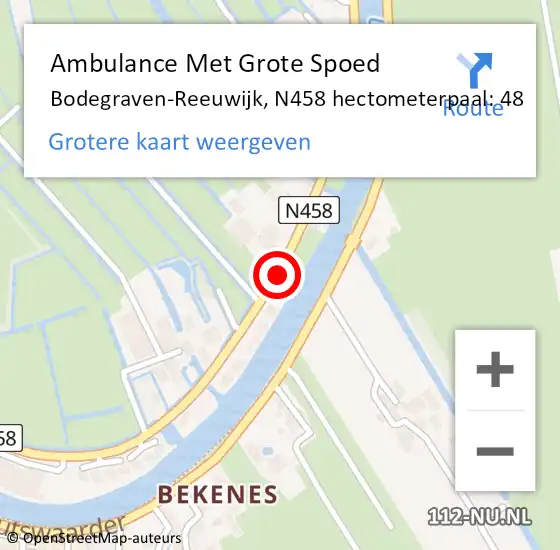 Locatie op kaart van de 112 melding: Ambulance Met Grote Spoed Naar Bodegraven-Reeuwijk, N458 hectometerpaal: 48 op 9 mei 2024 16:56