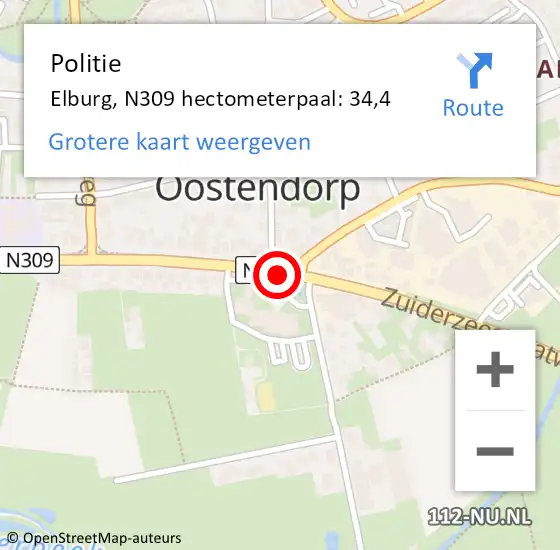 Locatie op kaart van de 112 melding: Politie Elburg, N309 hectometerpaal: 34,4 op 9 mei 2024 17:20
