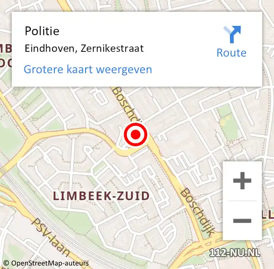 Locatie op kaart van de 112 melding: Politie Eindhoven, Zernikestraat op 9 mei 2024 17:31