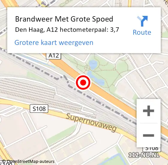 Locatie op kaart van de 112 melding: Brandweer Met Grote Spoed Naar Den Haag, A12 hectometerpaal: 3,7 op 9 mei 2024 18:17