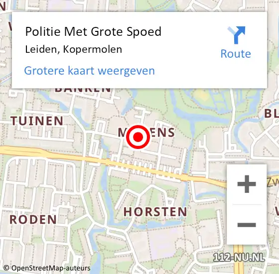 Locatie op kaart van de 112 melding: Politie Met Grote Spoed Naar Leiden, Kopermolen op 9 mei 2024 20:05