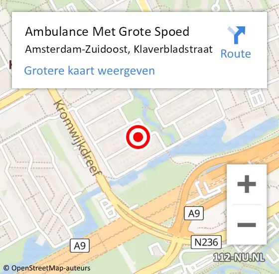 Locatie op kaart van de 112 melding: Ambulance Met Grote Spoed Naar Amsterdam, Klaverbladstraat op 9 mei 2024 20:23