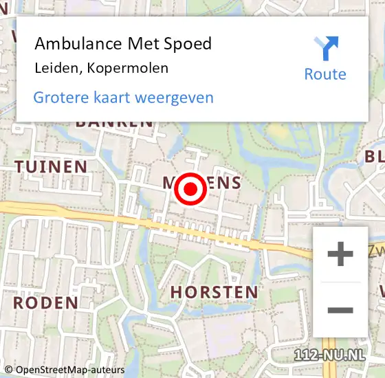 Locatie op kaart van de 112 melding: Ambulance Met Spoed Naar Leiden, Kopermolen op 9 mei 2024 20:24