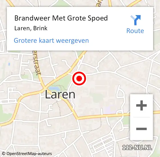 Locatie op kaart van de 112 melding: Brandweer Met Grote Spoed Naar Laren, Brink op 9 mei 2024 21:05