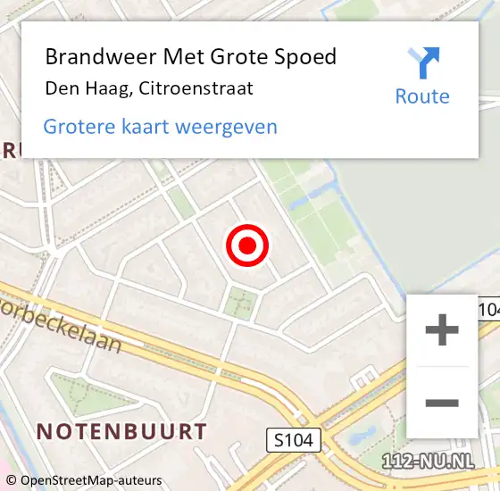Locatie op kaart van de 112 melding: Brandweer Met Grote Spoed Naar Den Haag, Citroenstraat op 9 mei 2024 22:23