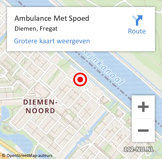 Locatie op kaart van de 112 melding: Ambulance Met Spoed Naar Diemen, Fregat op 9 mei 2024 22:24