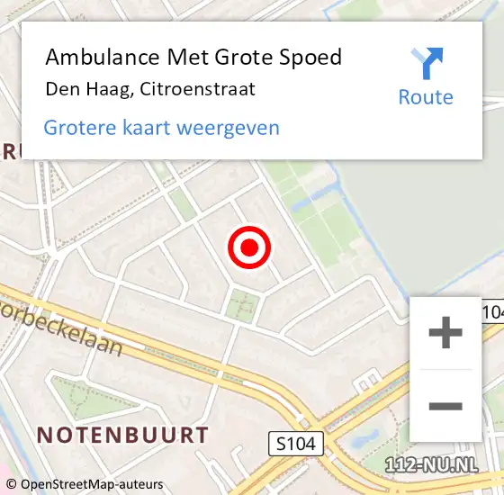 Locatie op kaart van de 112 melding: Ambulance Met Grote Spoed Naar Den Haag, Citroenstraat op 9 mei 2024 22:29