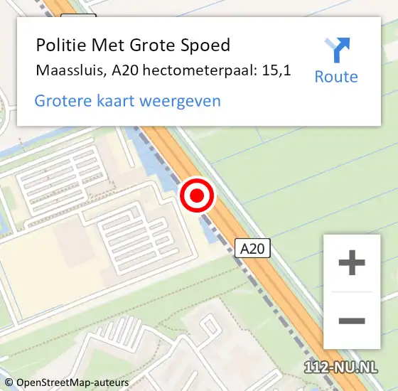 Locatie op kaart van de 112 melding: Politie Met Grote Spoed Naar Maassluis, A20 hectometerpaal: 15,1 op 9 mei 2024 22:30