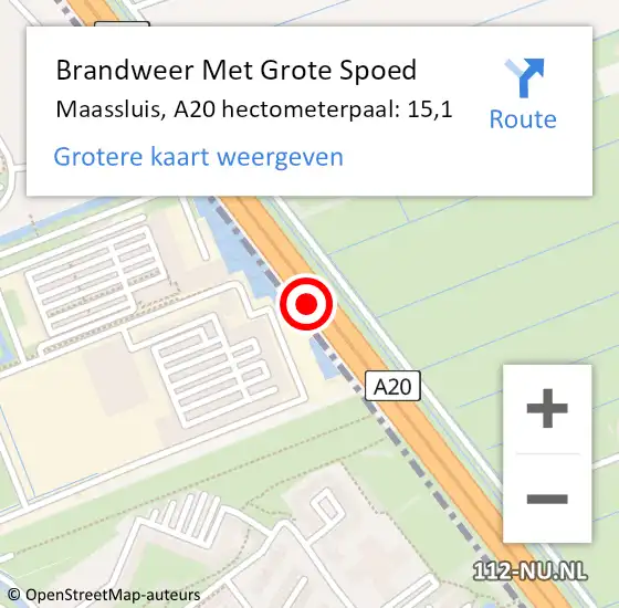 Locatie op kaart van de 112 melding: Brandweer Met Grote Spoed Naar Maassluis, A20 hectometerpaal: 15,1 op 9 mei 2024 22:33