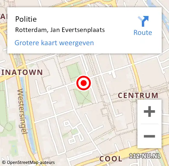 Locatie op kaart van de 112 melding: Politie Rotterdam, Jan Evertsenplaats op 9 mei 2024 23:20