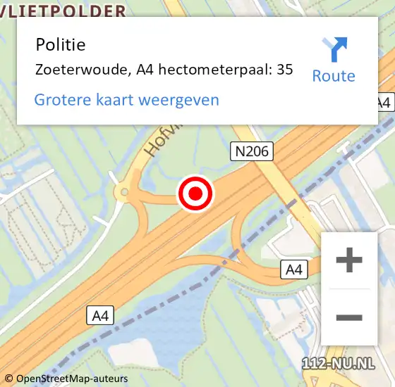 Locatie op kaart van de 112 melding: Politie Zoeterwoude, A4 hectometerpaal: 35 op 9 mei 2024 23:32