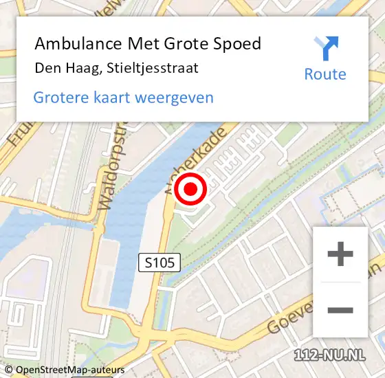 Locatie op kaart van de 112 melding: Ambulance Met Grote Spoed Naar Den Haag, Stieltjesstraat op 10 mei 2024 00:16