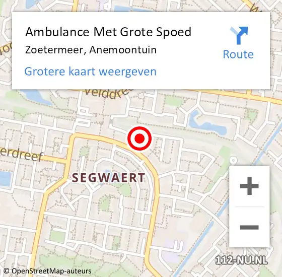 Locatie op kaart van de 112 melding: Ambulance Met Grote Spoed Naar Zoetermeer, Anemoontuin op 10 mei 2024 00:37