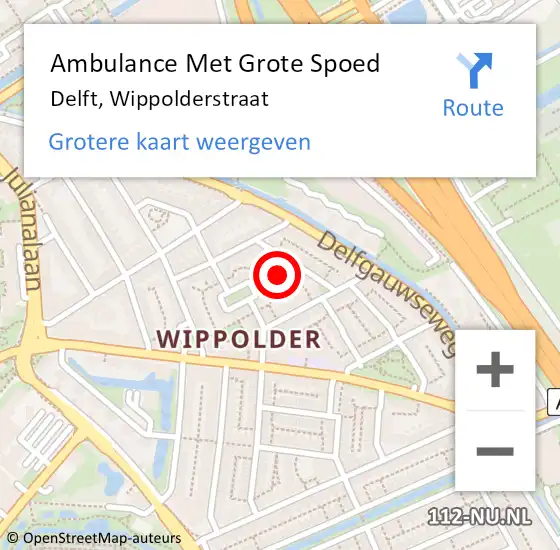 Locatie op kaart van de 112 melding: Ambulance Met Grote Spoed Naar Delft, Wippolderstraat op 10 mei 2024 03:32