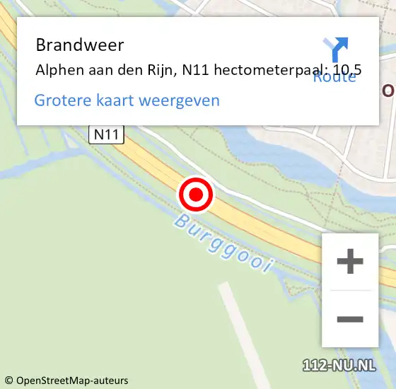 Locatie op kaart van de 112 melding: Brandweer Alphen aan den Rijn, N11 hectometerpaal: 10,5 op 10 mei 2024 06:23