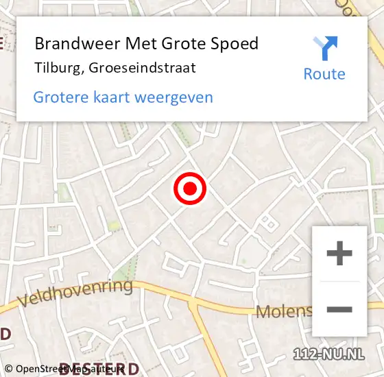 Locatie op kaart van de 112 melding: Brandweer Met Grote Spoed Naar Tilburg, Groeseindstraat op 10 mei 2024 06:55