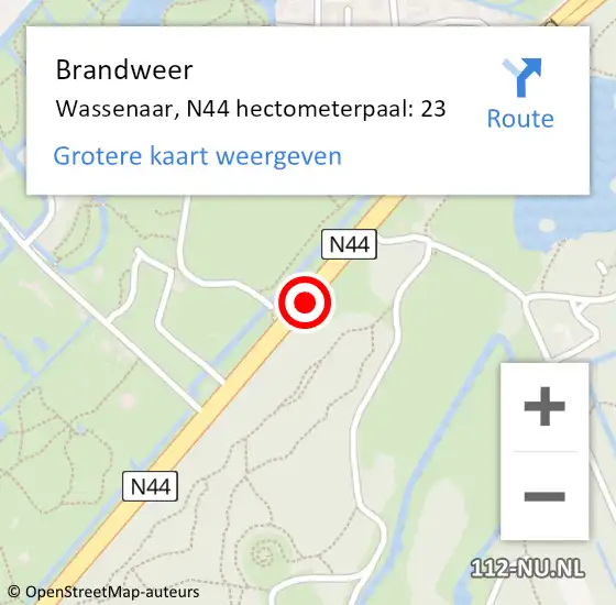 Locatie op kaart van de 112 melding: Brandweer Wassenaar, N44 hectometerpaal: 23 op 10 mei 2024 07:54