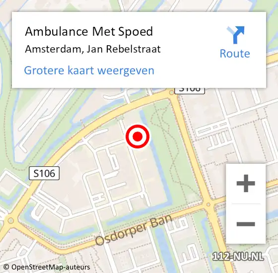 Locatie op kaart van de 112 melding: Ambulance Met Spoed Naar Amsterdam, Jan Rebelstraat op 10 mei 2024 09:30