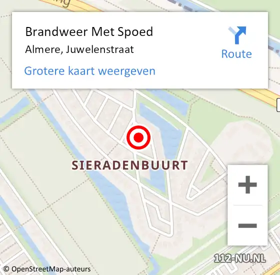 Locatie op kaart van de 112 melding: Brandweer Met Spoed Naar Almere, Juwelenstraat op 10 mei 2024 10:03